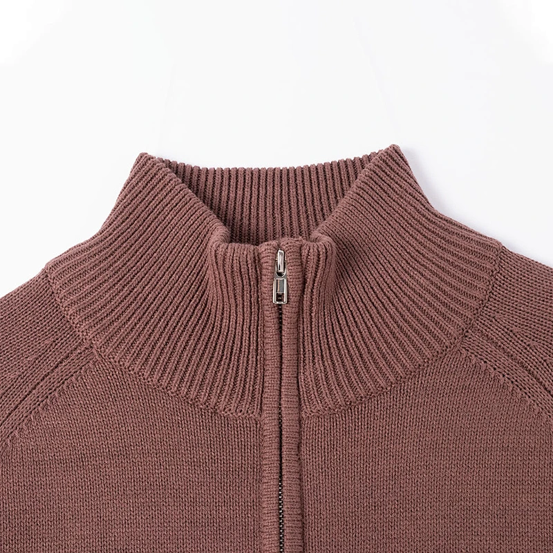 brown half-zip mock neck knit sweater